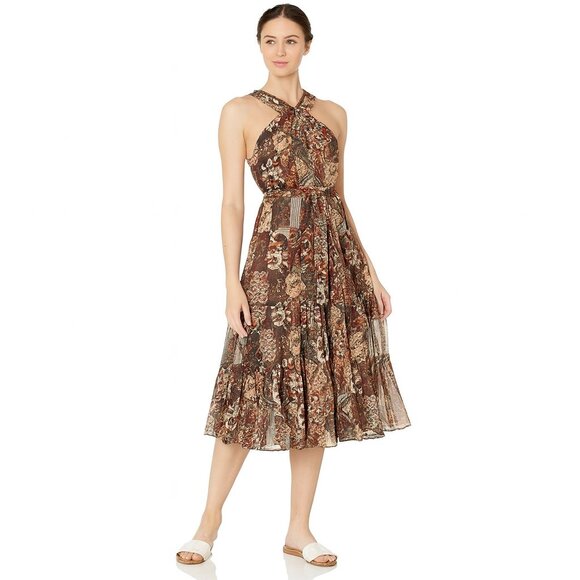 Joie Brown Floral Halter Midi Dress Women’s Size Large NWT Cocktail Party Dress - Picture 2 of 15